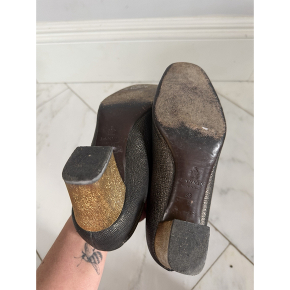 LANVIN Metallic Black Gold Block Heel Pumps Size 38 US 7 Women Leather Heels 2” - Picture 9 of 11